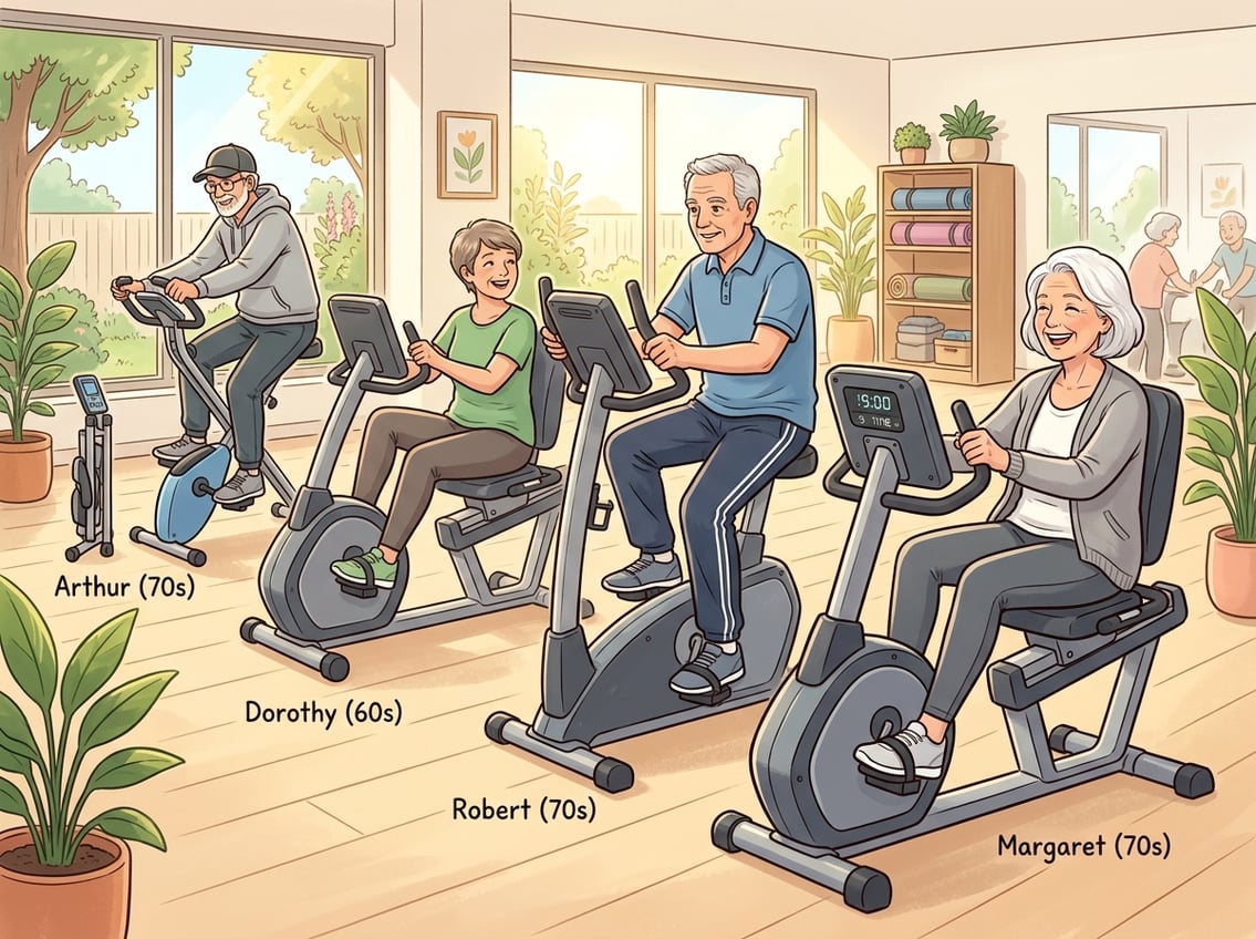 Äldre personer tränar på olika typer av motionscyklar för seniorer i ett ljust gym.