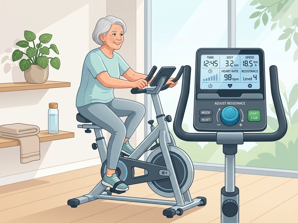 Senior använder motionscykel med justerbart magnetiskt motstånd och tydlig träningskänsla.