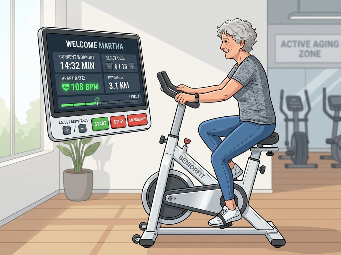 Äldre person använder motionscykel för seniorer med tydlig display och enkla träningsfunktioner.